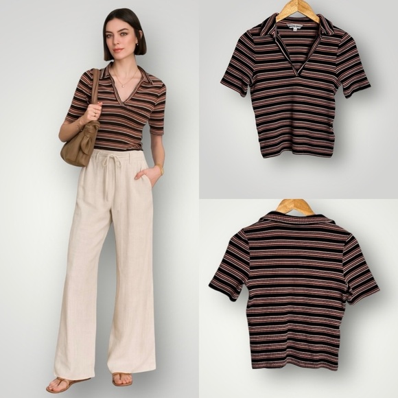 Walter Baker | Journi Stripe Top Large Collar Short Sleeve Ribbed V Neck - Picture 1 of 7
